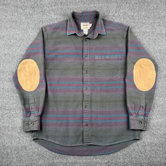 Cabelas Flannel Shirt Men's‎ Medium Green Plaid Elbow Patches Outdoor Work - Picture 1 of 6